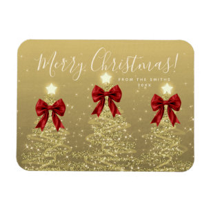 Elegant Holiday Gold Red Christmas Trees + Year Magnet
