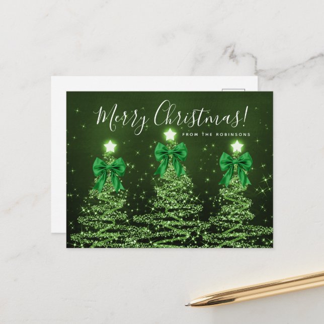 Elegant Holiday Green Christmas Trees Bows Postcard (Front/Back In Situ)