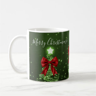 Elegant Holiday Green Christmas Trees Red Bows Coffee Mug
