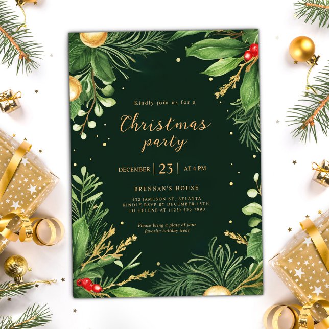 Elegant Holiday Greenery Botanical Christmas Party Invitation (Elegant Holiday Greenery Botanical Christmas Party Invitation)