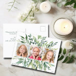 Elegant Holiday Greenery Family 3 Photo Modern Postcard<br><div class="desc">This elegant botanical Christmas postcard features a pretty three photo template for your family or children. Personalise the chic greenery frame with your own 3 square pictures in the centre. Customise with your own green text for a beautiful,  modern holiday postcard.</div>