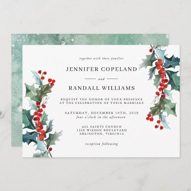 Elegant Holiday Greenery Watercolor Wedding Invitation (Front/Back)