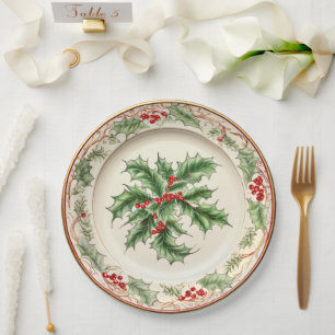 Elegant Holiday Holly Paper Plate