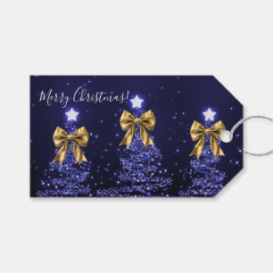 Elegant Holiday Navy Blue Christmas Trees Gold  Gift Tags
