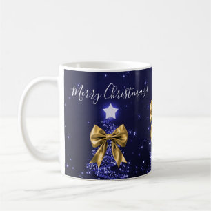 Elegant Holiday Navy Christmas Trees Bows Gold Coffee Mug