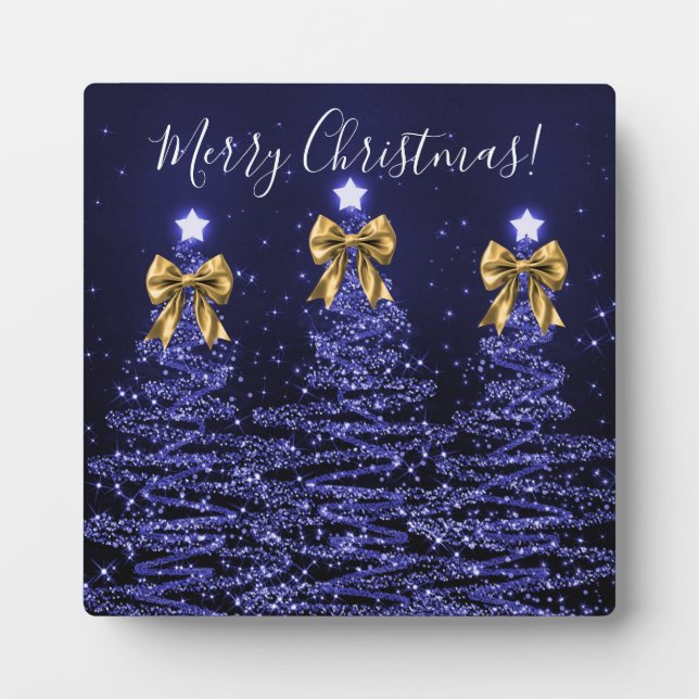 Elegant Holiday Navy Christmas Trees Bows Gold  Plaque (Front)