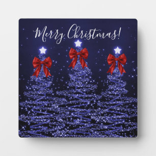 Elegant Holiday Navy Christmas Trees Bows Red  Plaque