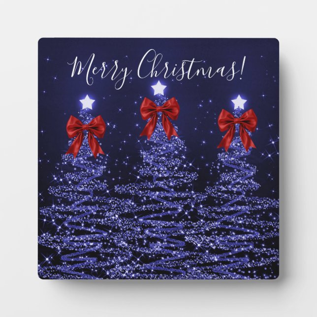 Elegant Holiday Navy Christmas Trees Bows Red  Plaque (Front)