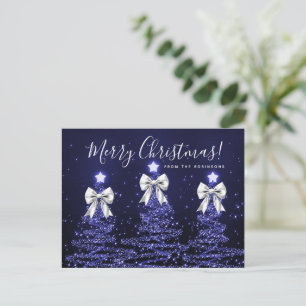 Elegant Holiday Navy Christmas Trees Silver Bows Postcard