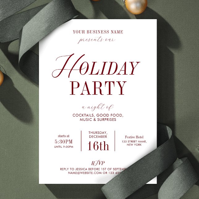 Elegant Holiday Office Party Business Christmas Invitation (Elegant Holiday Party Invitation in white & red, perfect for your Business or Private Xmas Party)