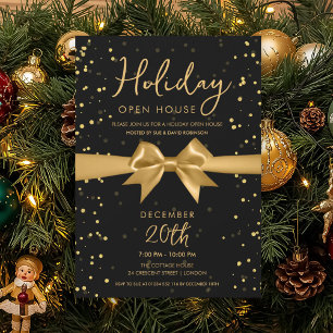 Elegant Holiday Open House Gold Bow Black Invitation