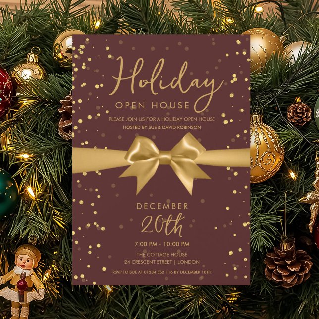 Elegant Holiday Open House Gold Bow Burgundy  Invitation (Elegant Holiday Open House Gold Bow Burgundy Invitation)