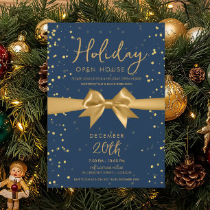 Elegant Holiday Open House Gold Bow Navy  Invitation
