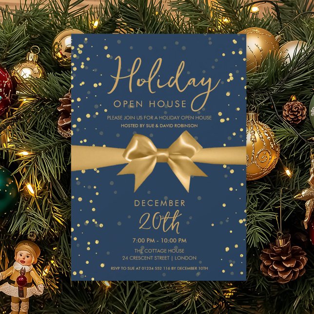 Elegant Holiday Open House Gold Bow Navy  Invitation (Elegant Holiday Open House Gold Bow Navy Invitation)