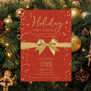 Elegant Holiday Open House Gold Bow Red  Invitation