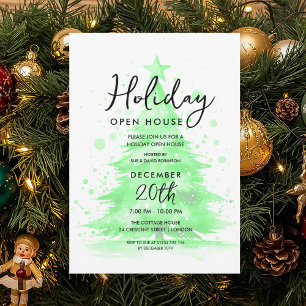 Elegant Holiday Open House Green Hand Painted Tree Invitation