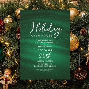 Elegant Holiday Open House Green Sparkle Glam Invitation