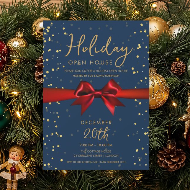 Elegant Holiday Open House Red Bow Navy  Invitation (Elegant Holiday Open House Red Bow Navy Invitation)