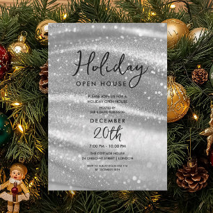 Elegant Holiday Open House Silver Sparkle Glam Invitation