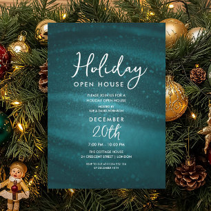 Elegant Holiday Open House Teal Sparkle Glam Invitation