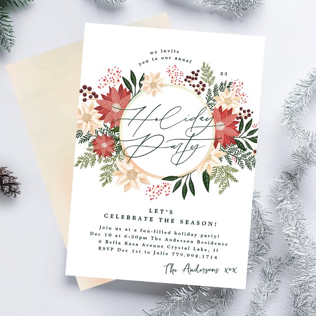 Elegant Holiday Party Poinsettia Wreath Splendour Invitation (Creator Uploaded)