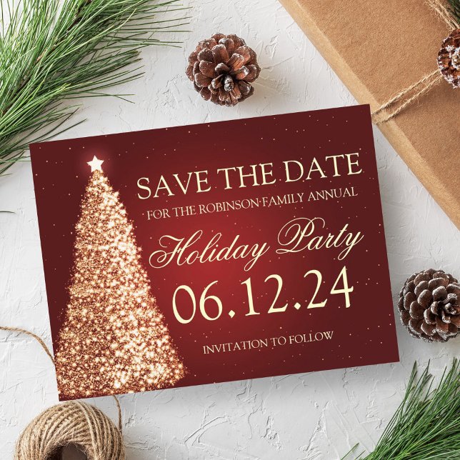 Elegant Holiday Party Save The Date Gold Red Announcement Postcard (Elegant Holiday Party Save The Date Gold Red Announcement Postcard)