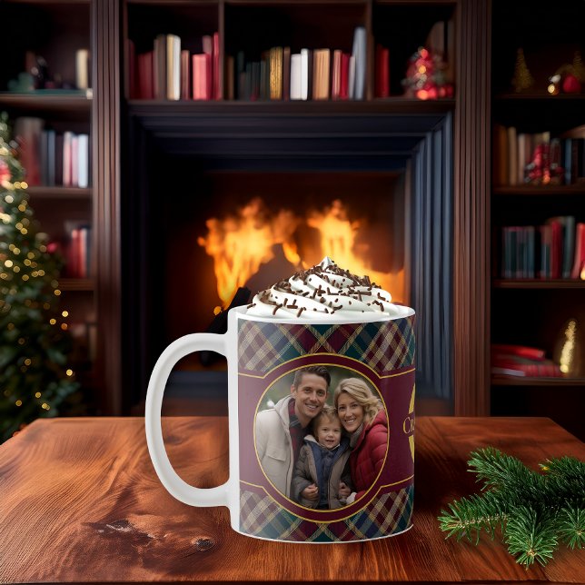 Elegant Holiday Photo Plaid Monogram Name Coffee Mug (Rustic Elegance Christmas Holiday Winter Photo Plaid Monogram and Name Coffee Mug (front view))