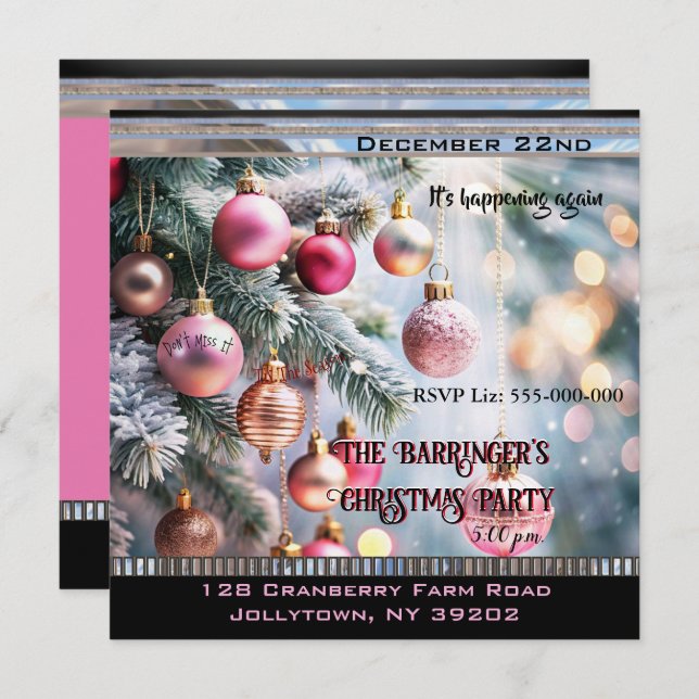 Elegant Holiday Pink Beautiful Christmas Party Invitation (Front/Back)
