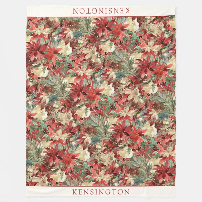 Elegant Holiday Poinsettia Christmas Floral Name Fleece Blanket (Front)