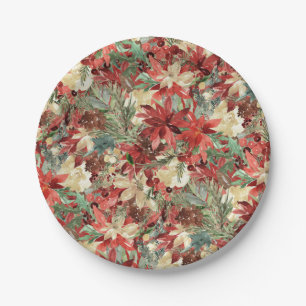 Elegant Holiday Poinsettia Christmas Floral Paper Plate
