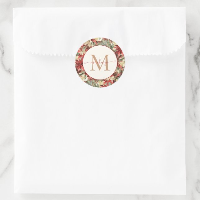 Elegant Holiday Poinsettia Christmas Monogram Classic Round Sticker (Bag)
