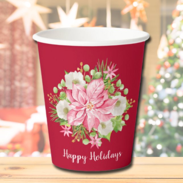Elegant Holiday Poinsettia Greenery Paper Cups (Creator Uploaded)