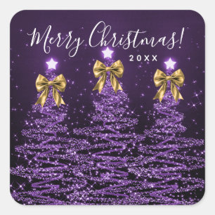 Elegant Holiday Purple Christmas Trees Bows Gold  Square Sticker