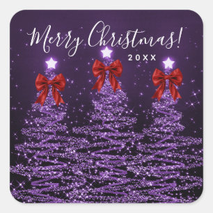 Elegant Holiday Purple Christmas Trees Bows Red  Square Sticker