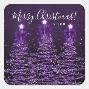 Elegant Holiday Purple Christmas Trees Bows  Square Sticker