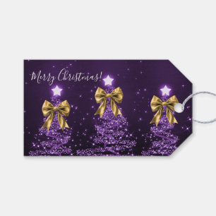 Elegant Holiday Purple Christmas Trees Gold Bows  Gift Tags