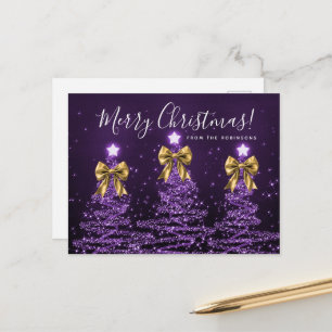 Elegant Holiday Purple Christmas Trees Gold Bows Postcard