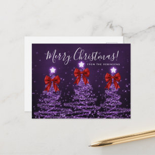 Elegant Holiday Purple Christmas Trees Red Bows Postcard