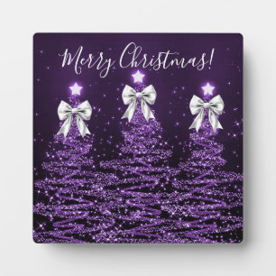 Elegant Holiday Purple Christmas Trees Silver Bows Plaque
