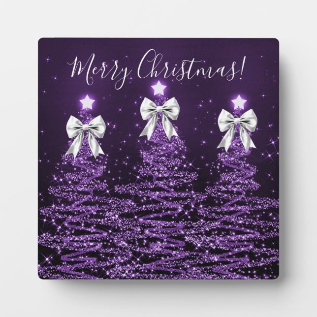 Elegant Holiday Purple Christmas Trees Silver Bows Plaque (Front)