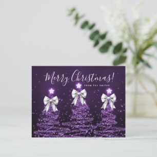 Elegant Holiday Purple Christmas Trees Silver Bows Postcard