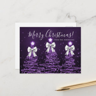 Elegant Holiday Purple Christmas Trees Silver Bows Postcard