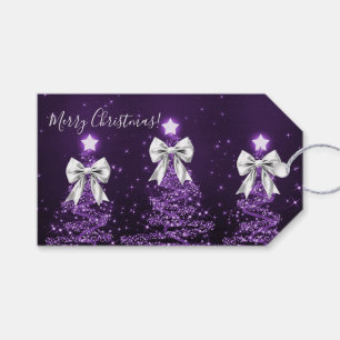 Elegant Holiday Purple Christmas Trees Silver Gift Tags