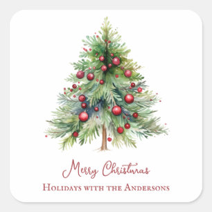 Elegant Holiday Red Green Pine Tree Christmas Square Sticker