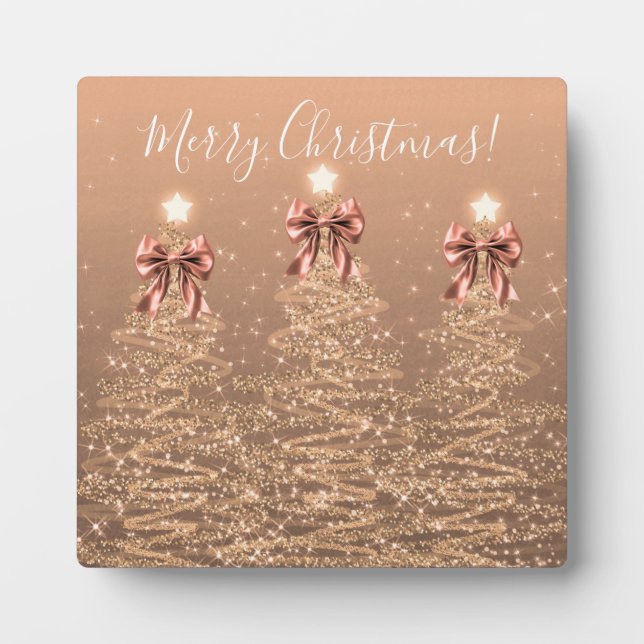 Elegant Holiday Rose Gold Christmas Trees Bows Plaque (Front)