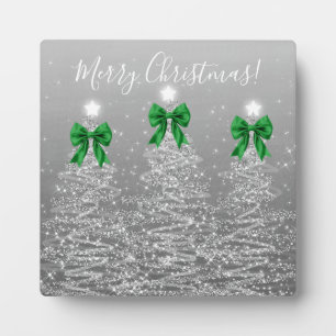 Elegant Holiday Silver Christmas Trees Green Bows Plaque