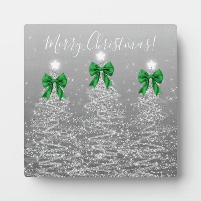 Elegant Holiday Silver Christmas Trees Green Bows Plaque (Front)