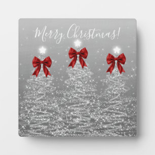 Elegant Holiday Silver Christmas Trees Red Bows Plaque