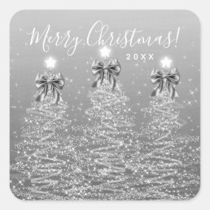 Elegant Holiday Silver Christmas Trees w/ Bows Square Sticker