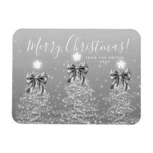 Elegant Holiday Silver Christmas Trees + Year Magnet